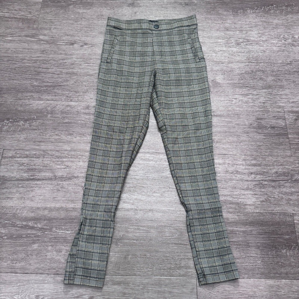 Zara Pants Womens Medium Gray Plaid Tapered Leg Mid Rise Pockets Preppy Casual